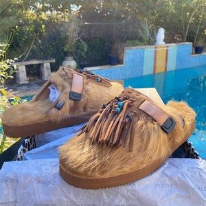 Authentic Alanui Suicoke Zavo Beaded Fringe Faux Fur Sugar Brown Slippers Mules